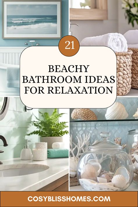 21 fabulous bathroom ideas to create your very own coastal escape! From mosaic tile accents to woven baskets, discover how you can add marine-inspired elements to make your bathroom feel like a beach retreat. Add oil-rubbed bronze finishes for that polished touch or display seashell collections to connect with the ocean vibe. Bring a splash of tranquility to your home with these easy yet stylish tips. For a spa-like sensation at home, transform your bathroom with these creative design suggestions! Bathroom Design Coastal Style, Ocean Inspired Bathroom Design, Ocean Bathroom Decor Ideas, Bathroom Coastal Decor Ideas, Bathroom Nautical Theme, Caribbean Bathroom Ideas, Coastal Chic Bathroom Ideas, Beach Aesthetic Bathroom, Coastal Bathrooms Ideas