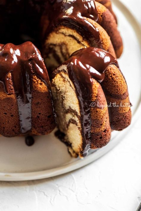 Marble Bundt Cake - Beyond the Butter Marble Bundt Cake Recipe, Vanilla Bundt Cake Recipes, Marble Bundt Cake, Marble Pound Cake, Ganache Glaze, Chocolate Ganache Glaze, Easy Bundt Cake, Sweet Bakes, Marble Cake Recipes