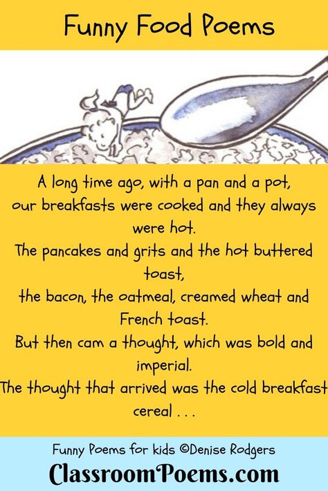 Funny food poem, Rainy Day Poem, Poems About Food, Food Poem, Food Poetry, School Poems, Funny Poems For Kids, Nonsense Poems, Preschool Poems, Funny Breakfast