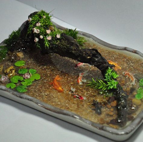 Clay Koi Pond, Clay Axolotl, Miniature Koi Pond, Polymer Clay Fish, Mini Verse, Cow House, Clay Fish, Miniature Clay, Mini Stuff