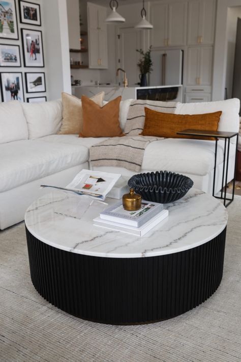 Coffee Table Statement Piece, Round Coffee Table Sectional Couch, Marble Round Coffee Tables, Round Marble Coffee Table Styling, Round Marble Top Coffee Table, Black Marble Coffee Table Living Rooms, Marble Oval Coffee Table, Round Marble Coffee Table Decor, Marble Coffee Table Styling