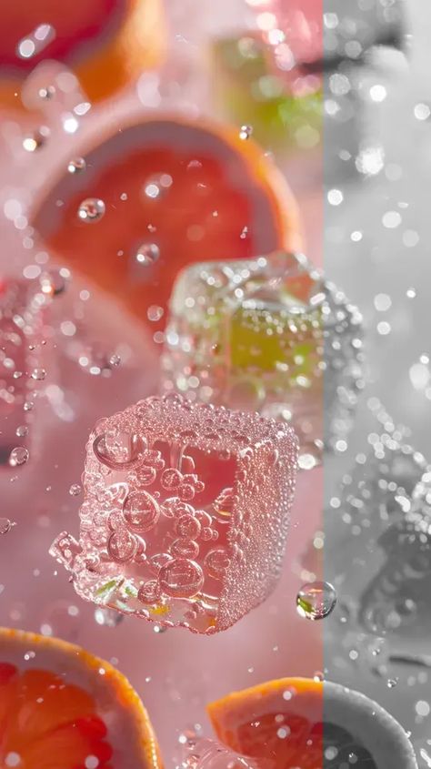 Full Color Image in ai-img-gen.com 🔸 Close-up of pink and green gummy candy ice cubes, orange slices, and water drops glittering to form ... 🔸 From Midjourney AI Image Fruit Ice Cubes, Fruit Wallpaper, Orange Slices, Water Drops, Ice Cube, Gummy Candy, Colour Images, Pink Background, Grapefruit