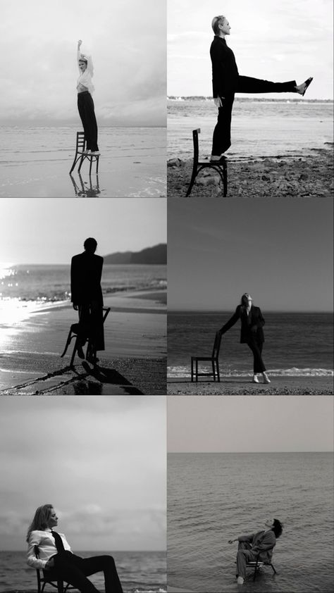 Chair In Water Photoshoot, In The Ocean Photoshoot, Creative Beach Portraits, Ocean Photography People, Sea Portrait Photography, Creative Beach Photoshoot, Photoshoot By The Lake, Dreamy Poses, Chair In Ocean Photoshoot