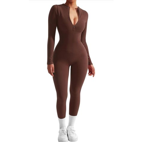 New Long Sleeve Ribbed Jumpsuit Zip Up Front Workout Romper L Brown 90% Nylon, 10% Spandex Hand Wash Only Sexy Long Sleeve Zip Up Jumpsuits: Zipper Front, Deep V, Mock Neck, Long Pants, Double Lined Bra Ribbed Seamless Yoga Jumpsuit: Snatched Bodycon Romper, Tummy Control, Buttery Soft Ribbed Fabric, 4way Stretchy Casual One Piece Fall Catsuit: Lightweight, Not See Through, Suitable For Fall, Winter And Spring Occasion: This Sexy Jumpsuits Is Perfect For Casual, Daily, Date, Home, Club, Party, N Home Club Party, Workout Romper, Casual One Piece, Glitter Romper, Bodycon Romper, Ribbed Jumpsuit, Strap Pants, Yoga Jumpsuit, Ibiza Outfits