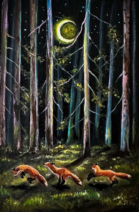 How To Paint A Fox Acrylic, Forest Scene Painting, Whimsical Forest Painting, Fox Painting Ideas, Night Forest Painting, Fox Painting Easy, Whimsical Art Paintings Acrylics, Animal Paintings Acrylic, Wolf Canvas