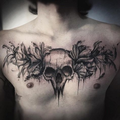 Flower and skull chest tattoo - 75 Nice Chest Tattoo Ideas Flower Chest Tattoo Men, Skull Chest Tattoo Men, Skull On Chest Tattoo, Traditional Skull Chest Tattoo, Gothic Chest Piece Tattoo, Skull And Roses Chest Tattoo, Chest Tattoos Men, Chest Tattoo Clouds, Animal Chest Piece Tattoo