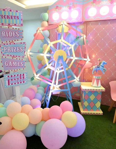 Pastel Carnival Backdrop, Kids Birthday Themes Girls Decorations, Carousel Party Ideas, Pastel Carnival Theme Party Decorations, Pastel Circus Theme Party, Carnival Baby Shower Theme Girl, Dessert Birthday Party Theme, Pastel Circus Birthday Party, Pastel Carnival Theme Party