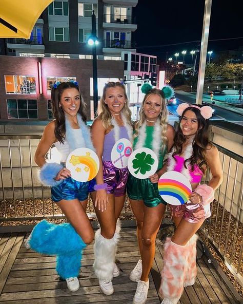 Caroline Simpson on Instagram: "the carebears have arrived💞🌈👻" Cute Carebear Costumes, Care Bares Halloween Costume, Care Beat Group Costume, Carebear Group Halloween Costumes, Carebear Costume Group, Halloween Care Bear Costume, Care Bare Halloween Costume, Care Bear Diy Costume, Care Bear Group Costume