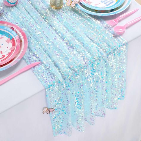 PRICES MAY VARY. Polyester Blue Table Runner Size: 1 piece of 25 Inches width 120 Inches length(10FT long) sequin table runner. It is fits for 6-10 seats table,sparkle table runners that can meet your themed dining table decoration needs. Glitter Table Runner:The iridescent table runner is made of 5MM round sequins material with mesh fabric backing. Reliable and soft, not easy to fade, the sturdy construction makes the table runner of good durability, reusable. Wide Applications:Scales table run Underwater Party Decorations, Iridescent Table, Mermaid Table, Underwater Birthday, Underwater Party, Glitter Table, Iridescent Party, Mermaid Birthday Decorations, Iridescent Mermaid