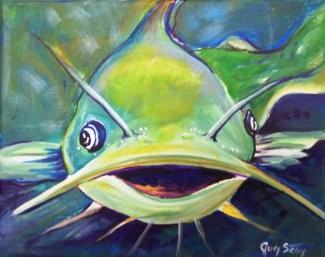 Catfish Painting, Bible Paintings, Painting Fish, Left Brain, Fish Artwork, Paintings Ideas, Lake Time, Lake Painting, Fish Fry