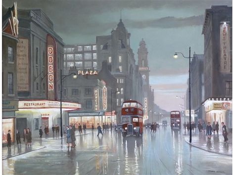 Artwork by Steven Scholes, Oxford Street, Manchester, Made of oil painting on canvas Steven Scholes, Memory Artwork, Edwardian Architecture, Bus Art, City And Colour, Manchester Art, Oxford Street, Mood Board Design, Street Scenes