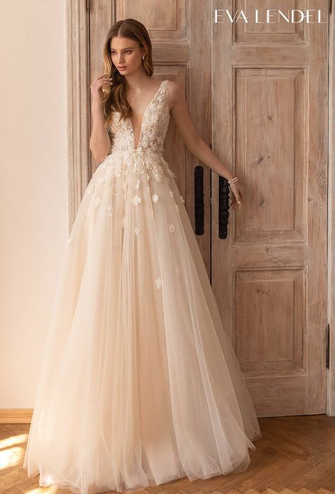 Eva Lendel 2022 Wedding Dresses | Wedding Inspirasi -- eva lendel 2022 bridal sleeveless with strap deep v neck heavily embellished bodice romantic blush a line wedding dress v back sweep train (solomia) mv #Ad #Bridal #EvaLendel #Wedding #Weddingdress #WeddingDresses #WeddingGown #WeddingGowns ~ Eva Lendel, Boho Bridal Gowns, Lace Bride, Illusion Tulle, Princess Wedding Dress, Wedding Dress Fabrics, Small Beads, Illusion Dress, A Wedding Dress