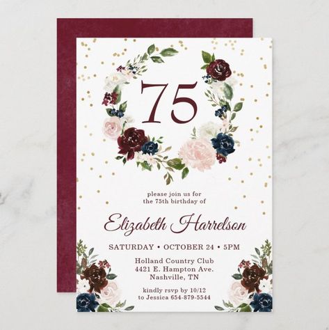 75th Birthday Invitations, Elegant Birthday Invitations, 75th Birthday Parties, Watercolor Floral Wreath, 70th Birthday Invitations, 100th Birthday Party, Blue And White Flowers, 85th Birthday, Thirty Birthday