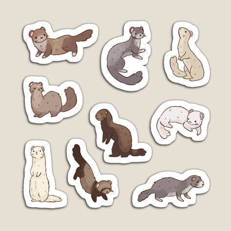 Get my art printed on awesome products. Support me at Redbubble #RBandME: https://www.redbubble.com/i/magnet/Cute-cartoon-Ferrets-illustration-pack-by-Yarafantasyart/142940804.TBCTK?asc=u Ferret Illustration, Cartoon Ferret, Ferret Drawing, Ferret Tattoo, Yellow Stickers, Cute Ferrets, Homemade Stickers, Cardboard Art, Creative Drawing