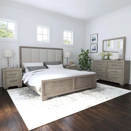 Roundhill Furniture Ennesley Gray Wood Bedroom Set With Upholstered Panel, Dresser, Mirror, And 2 Nightstands | Wayfair Gray Wood Bedroom, Small Master Suite, 5 Piece Bedroom Set, Wood Bedroom Sets, Bed Dresser, Upholstered Panel Headboard, Queen Panel Beds, Youth Bedroom, Upholstered Panel Bed