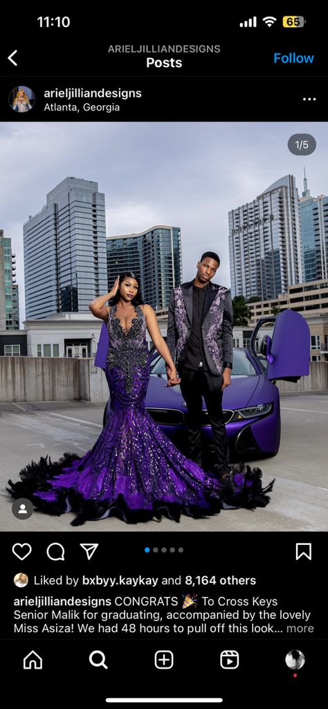 Dark Purple Prom Couple, Black Couple Prom, Purple Prom Suit, Prom 2k24, Themed Prom Dresses, Couple Prom, Hoco Ideas, Dance Uniforms, Homecoming Pictures