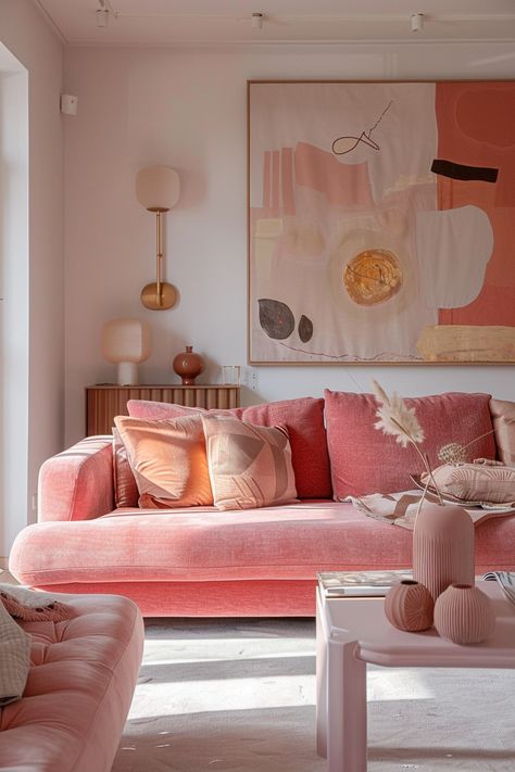 Winter/Spring Midjourney Dump — Living Bright Interiors Neutral But Colorful Living Room, Pink Boho Living Room Decor, Pink And Orange Living Room, Small Lounge Ideas, Pink Couch Living Room, Pink Interior Design, Colorful Living Room Bright, Spring Interior Design, Pink Living Room Decor