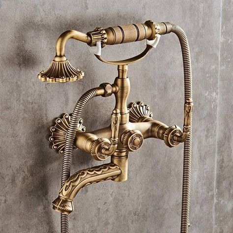 Retro Shower Set Bathroom Wall Mounted Bath Mixer Tap Antique Gold Hand Shower System Luxury Bronze Bathroom Taps Decoration : Amazon.co.uk: DIY & Tools Antique Brass Bathroom Faucet, Brass Bathtub, Antique Brass Bathroom, Brass Bathroom Faucets, Bathroom Tub Shower, Bath Mixer Taps, Freestanding Tub Filler, Bronze Bathroom, Shower Faucet Sets