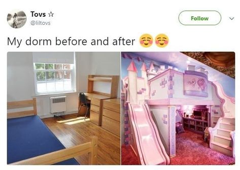 'Before And After Dorm Pics' Are Roasting Absurd College Dorm Room Transformations #FunnyTweets #College #DormMakeover #BeforeAndAfter College Furniture, Dorm Inspiration, College Dorm Room, Studio C, Room Transformation, College Dorm Rooms, Dream Rooms, College Dorm, Furniture Makeover