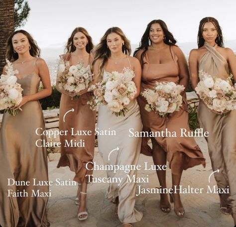 Champagne Color Palette Wedding Shades, Shades Of Gold Bridesmaid Dresses, Creme Bridesmaid Dresses, Sunset Shades Bridesmaids, Copper And Champagne Wedding, Warm Tone Bridesmaid Dresses, Champagne Colour Palette, Bridesmaid Dresses Beach Wedding, Mocha Bridesmaids Dresses