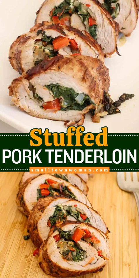 Impress everyone with this stuffed pork tenderloin recipe! It's a simple dinner idea in just 30 minutes. With a vegetable and Parmesan filling, this main dish for dinner is elegant and flavorful! Christmas Dinner Pork Tenderloin, Stuffed And Rolled Pork Tenderloin, Pork Tenderloin Stuffed With Spinach, Spinach And Feta Stuffed Pork Tenderloin, Feta Stuffed Pork Tenderloin, Pork Tenderloin Oven, Pork Tenderloin Recipe, Garlic Spinach, Pork Recipes For Dinner