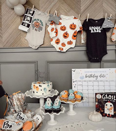 Spooky Theme Baby Shower Ideas, A Boo Is On The Way, October Shower Ideas, Baby Shower Themes Halloween, A Little Boo Is Almost Due Food Ideas, Skeleton Gender Reveal, Diy Halloween Baby Shower Decorations, A Little Boo Baby Shower Ideas, Baby Shower October Theme