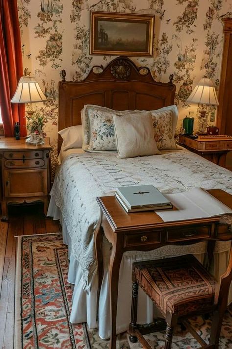 Bed And Breakfast Aesthetic, Vintage Bed And Breakfast, Cottagecore Bed, Coquette Bed, Breakfast Aesthetic, Aesthetic Bed, Country House Interior, Book Aesthetics, Vintage Bed