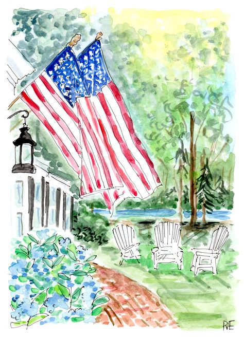 Patriotic Entrance. Americana Watercolor, Flag Drawing Ideas, Patriotic Paintings, American Flag Illustration, Patriotic Watercolor, American Flag Drawing, Flag Watercolor, Flag Illustration, Patriotic Art