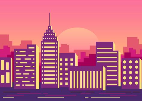 Cityscape Illustration Vector, Wallpaper For Computer, Sunset Cityscape, Skyline Illustration, Building Vector, Cityscape Drawing, Nyc Rooftop, Illustrator Inspiration, City Vector