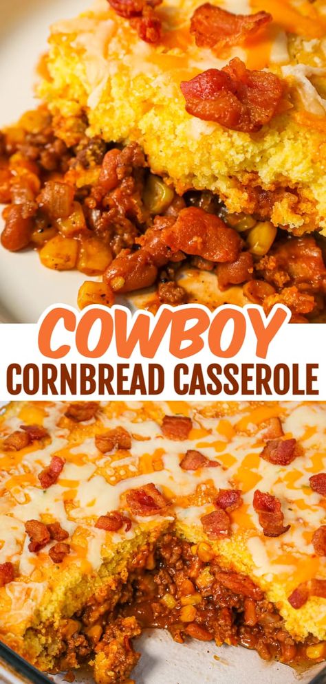 Cowboy Cornbread Casserole, Bacon Baked Beans, Recipes Using Hamburger, Baked Bean Casserole, Cowboy Cornbread, Easy Ground Beef Casseroles, Cornbread Casserole Recipe, Beans And Cornbread, Beans And Corn