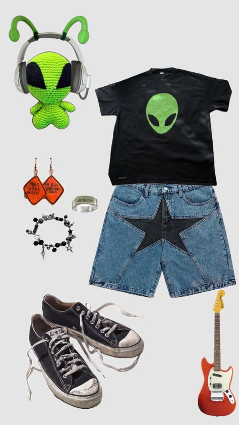 #alien#outfit#outfitinspo#spyder#green #black#converse#guitar#space#silly Alien Outfit, Green Alien, Black Converse, Green Outfit, Style Me, Converse, Cute Outfits, Guitar, Outfit Inspo