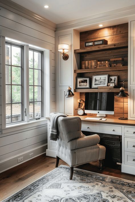 Modern Rustic Home Office Ideas, Modern Farmhouse Office Decor, Farm Office, Creative Home Office, Rustic Office Ideas, Rustic Home Office Ideas, Loft Office Design, Classic Bookshelves, Farmhouse Office Decor