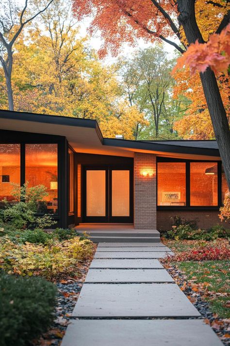 Mid-century modern home with large windows, surrounded by colorful autumn trees. Peek at the retro charm of 60s style house exteriors and find inspiration for adding a splash of timeless groove to your home. Mid Century Exterior House, 60s House Exterior, Mid Century Windows, Home With Large Windows, 60s Architecture, Mid Century Modern House Exterior, 60s House, Mid Century Modern Exterior, Contemporary Houses