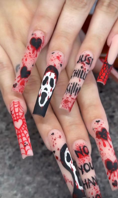 Nails Ghost Face, Nails Ghost, Horror Nails, Holloween Nails, Halloween Press On Nails, Halloween Acrylic Nails, Cute Halloween Nails, Really Cute Nails, Ghost Face