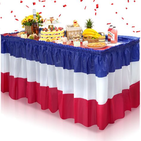 American Themed Party, Patriotic Decorations Party, Table Skirts, Independence Day Decoration, Plastic Table, Striped Table, Patriotic Party, 4th Of July Decorations, Table Skirt