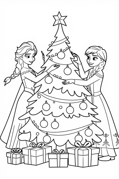 1. Elsa and Anna Decorating the Christmas Tree (Simple Coloring Page) Elsa Printable Coloring Pages, Colouring Pages Christmas Free Printable, Disney Coloring Pages Free Printable, Elsa Coloring Pages Free Printable, Christmas Drawing To Color, Bluey Christmas Coloring Pages, Disney Christmas Drawing, Disney Printable Coloring Pages, Christmas Color Pages