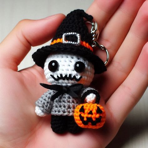 Crochet Skeleton Witch Keychain with Halloween Pumpkin Basket - Crafts Ideas Crochet Skeleton, Witch Keychain, Crochet Fall Decor, Skeleton Witch, Pumpkin Basket, Minion Crochet, Crochet Phone Cases, Black Witch Hat, Crochet Dog Sweater