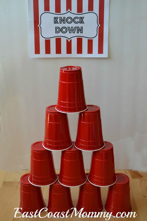 This site has a bunch of fantastic DIY carnival games and activities... including this simple KNOCK DOWN game. All you need are disposable cups and a cute sign! Carnival Party Games, Diy Carnival Games, Carnival Games For Kids, Fall Carnival, Carnival Birthday Party Theme, Diy Carnival, Festival Games, Kids Carnival, Carnival Ideas