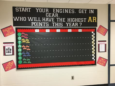 Race car AR bulletin board Race Track Bulletin Board, Reading Race Bulletin Board, Race To The Finish Line Bulletin Board, Racetrack Bulletin Board, Tracking Bulletin Board Ideas, Racecar Bulletin Board Ideas, Reading Contest Bulletin Board, Race Car Behavior Chart, Ar Board Ideas