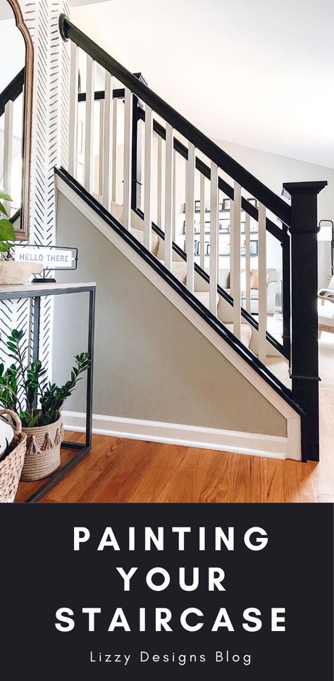 Black Banister Wood Stairs, Stairs Railing Paint Ideas, Painting Carpeted Stairs, Staircase Painted Black, Paint For Stairs Staircases, Stair Case Paint Ideas, Painted Oak Staircase, Diy Painted Staircase, Staircase Update Ideas