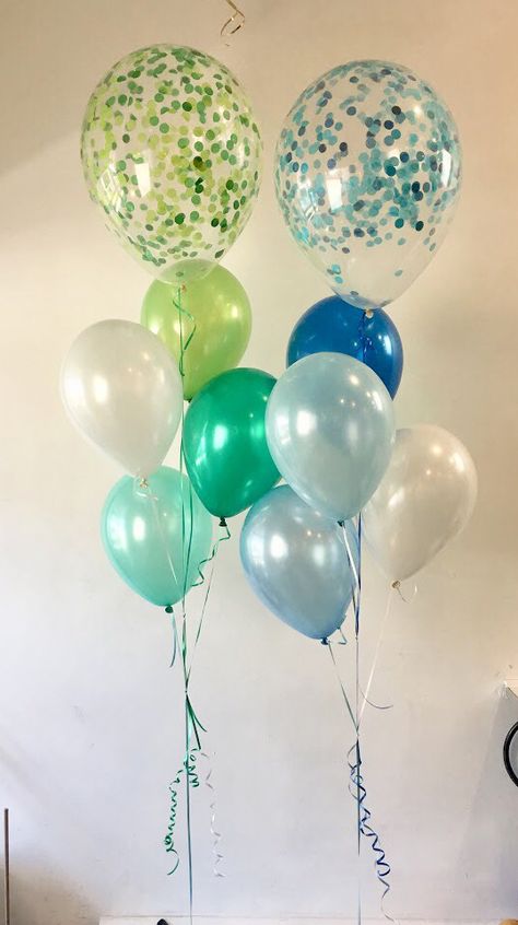 Blues and greens Blue And Green Birthday Theme, Blue And Green Birthday Decorations, Blue And Green Graduation Party, Green And Blue Party, Blue And Green Balloons, Blue Birthday Themes, Shark Theme Party, Earth Day Party, Monster Truck Birthday Cake