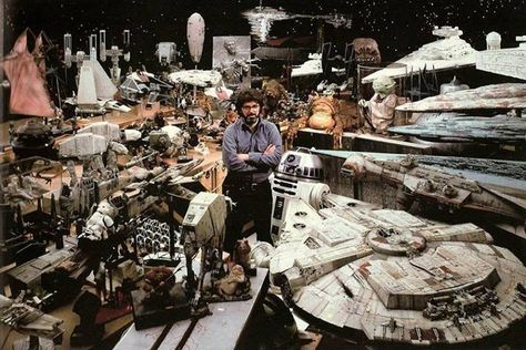 George Lucas, in the Lucasfilm Archives, sometime in the late 80s.  Look at all of those models, the same pic now would be him in front of a green screen.  Also note, the Falcon is upside down. Happy Birthday George, Star Wars Love, Star Wars Trilogy, Star Wars Film, Original Trilogy, Speculative Fiction, George Lucas, Disney Studios, New Star Wars