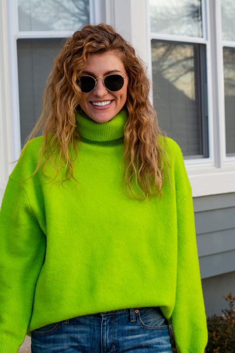 Neon Green Sweater and Plaid Platforms for Early Spring. | LSR Neon Green Sweater, Green Cardigan Outfit, Green Sweater Outfit, Lime Green Sweater, Spring Sweater Outfits, Neon Sweater, Green Turtleneck Sweater, Christmas Haul, Summer Runway