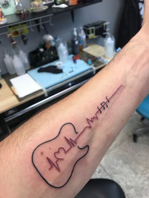 Guitar heartbeat tattoo Guitar Heartbeat Tattoo, Red Guitar Tattoo, Electric Guitar Tattoo For Men, Music Heartbeat Tattoo, Tattoo Ideas Guitar, Electric Guitar Tattoo, Tattoos For Music Lovers, Guitar Tattoo Ideas, Music Guitar Tattoo