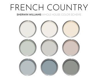 Full Home Paint Color Scheme, Colonial House Paint Colors, French Country Palette, French Color Scheme, Modern Cottage Color Palette, Cottage Paint Colors Interior, House Color Palette Interior, Exterior Vinyl Siding Colors, Sherwin Williams Paint Neutral