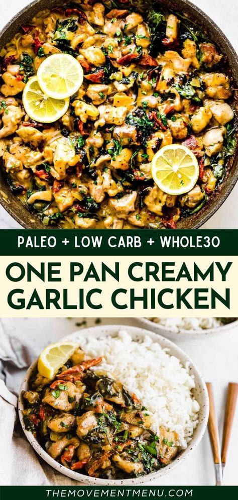 ONE PAN CREAMY GARLIC CHICKEN, weeknight dinners, chicken dinner recipes Chicken Recipes No Dairy, Lactose Free Dinners, Chicken Recipes Dairy Free, Chicken Broth Recipes, Chicken Dinner Recipe, Can Chicken Recipes, Chicken Tenderloin Recipes, Creamy Garlic Chicken, Paleo Low Carb