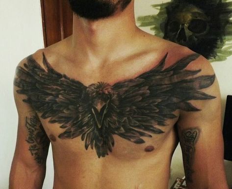 Chest Tattoo Wings, Rabe Tattoo, Wing Tattoo Men, Torso Tattoos, Wicked Tattoos, Mens Shoulder Tattoo, Clever Tattoos, Raven Tattoo, Eagle Tattoos