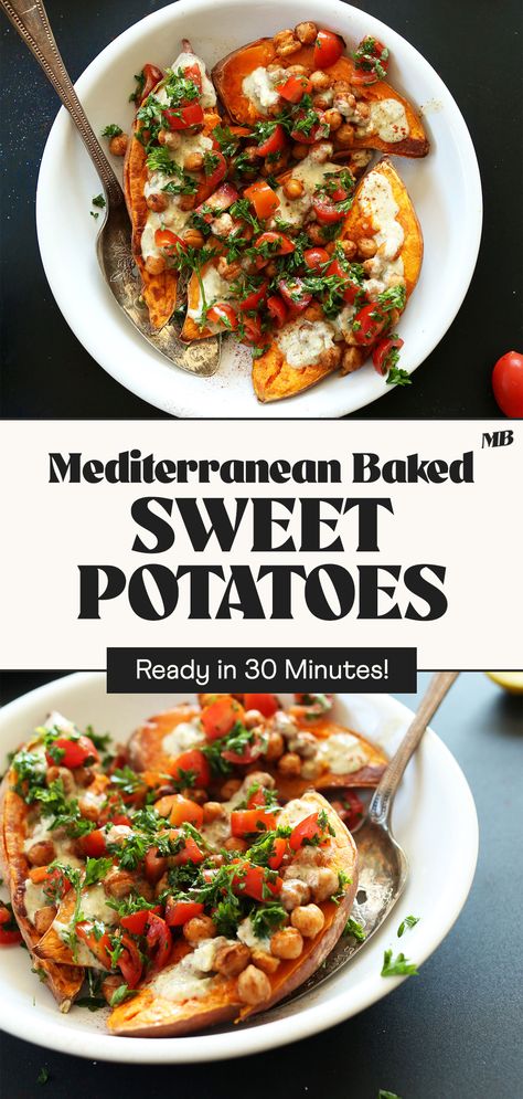 Simple, 30-minute baked sweet potatoes topped with roasted chickpeas, a simple garlic-herb sauce, and a parsley-tomato salad. Delicious, fresh, healthy, and naturally vegan and gluten-free. Mediterranean Baked Sweet Potatoes, Mediterranean Diet Sweet Potato Recipes, Mediterranean Sweet Potato Recipes, Sweet Potato Mediterranean, Vegetarian Baked Potato, Baked Sweet Potato Toppings, Lean Program, Mediterranean Sweet Potatoes, Sweet Potatoes Roasted