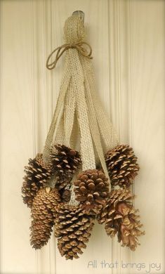 20 Alternatives to Wreaths for Fall and Winter - pine cone swag with burlap - Life on Kaydeross Creek Cinnamon Pinecones, Pompon Tulle, Wreath Alternative, Winter Door, Pine Cone Decorations, Pinecone Wreath, Cones Crafts, Pine Cone Crafts, Brings Joy