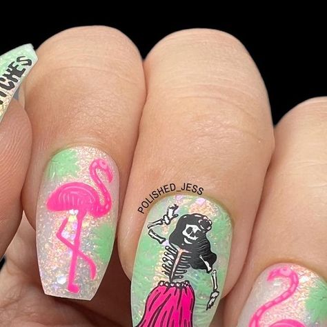 Tiki Nail Art, Tiki Nails, Flamingo Images, Bird Lady, Pink Seashell, Flamingo Nails, Tropical Theme, Nail Stamping, Dance Party